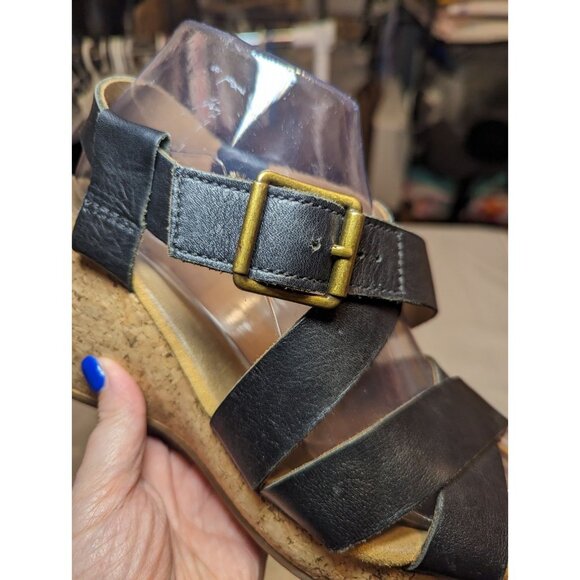 Clarks Artisan Black Leather Cork Platform Wedge Sandals Size 9m - Picture 2 of 16